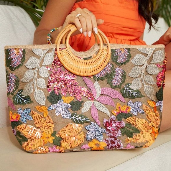 Multicolor Boho Leaf & Flower Pattern Top Handle Bag Sequin & Embroidery Detail - Picture 1 of 5